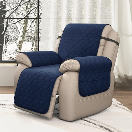 CHUN YI Recliner Chair Cover, Non-Slip Recliner Covers That Stay in Place, Washable Lazy Boy Recliner Covers with Pockets, Water Resistant Recliner Slipcover for Pets (Navy, Large Recliner)