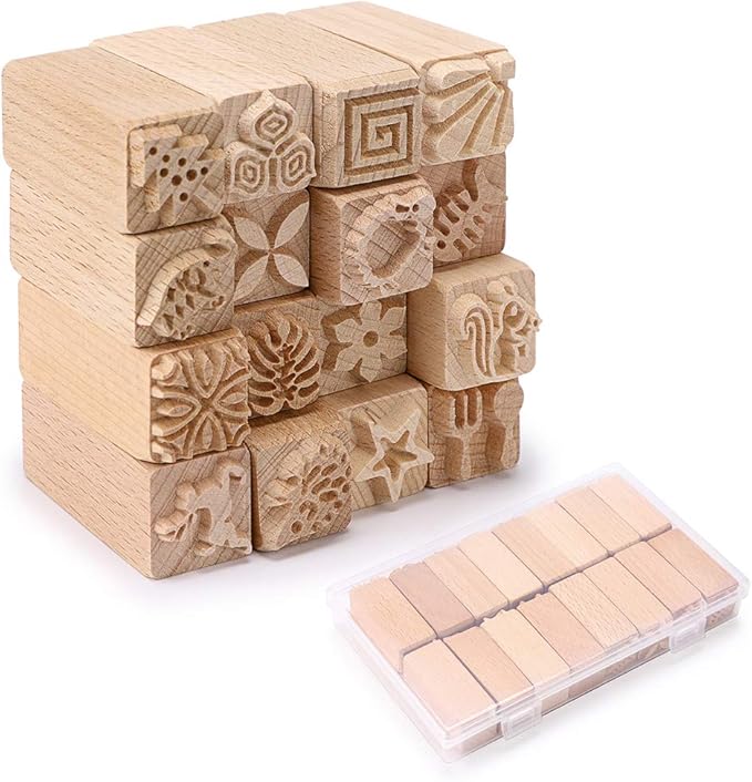 OwnMy Set of 16 Clay Modeling Pattern Stamp Kit, Wooden Clay Pottery Stamps Pottery Tool Wood Block Stamp, Clay Rolling Pin Textured Hand Roller Wooden Handle Pottery Tools Set