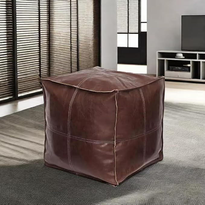 Louis Donné 18 inch Unstuffed Pouf Ottoman Faux Leather Pouffe Floor Chair Waterproof Foot Rest for Living Rooms Bedrooms & Kids Room or House Warming & Wedding Gifts (Brown Coffee, Square)Only Cover