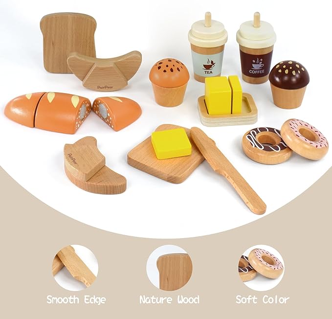 PairPear Wooden Bakery Toy Food Playset,Kids Pretend Play Food Kitchen Accessories with Shopping Bag,Toddlers Cutting Food Gift for Boys and Girls 3 Years and Up