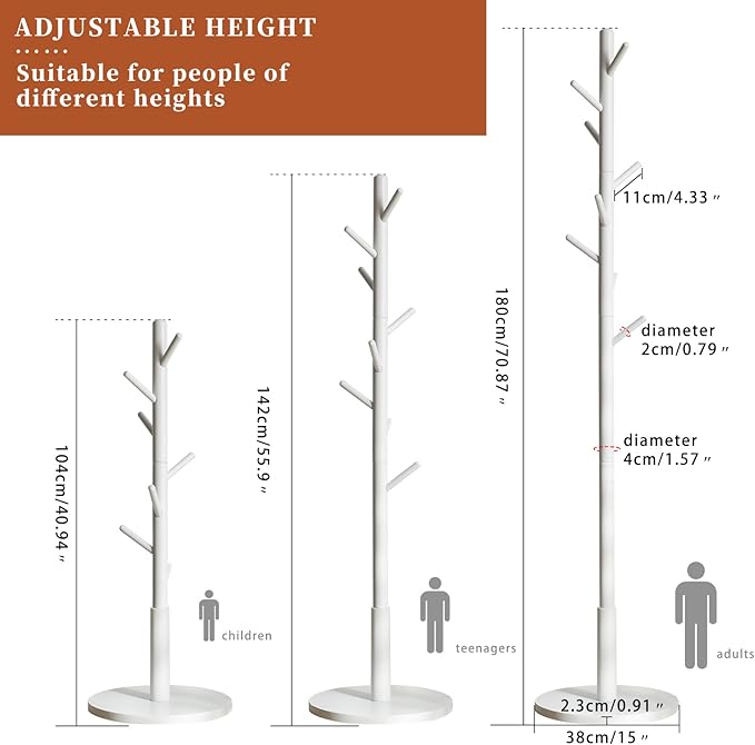 Standing Coat Rack White Coat Stand with 8 Hooks and 3 Height Options, Wood Kids Coat Tree with Sturdy Round Base, Small Hall Tree White YD-1009