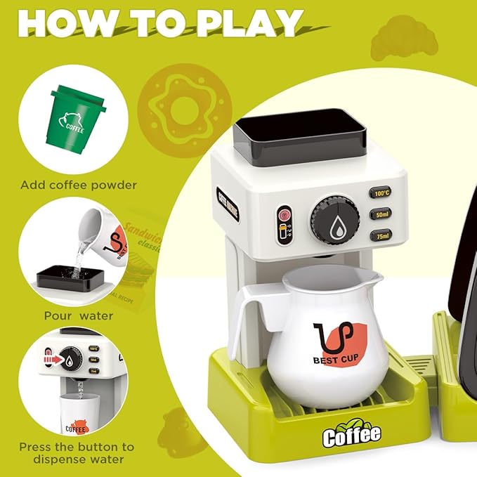GAGAKU Toy Coffee Maker Machine and Cash Register Kit with Sound Light Kids Kitchen Pretend Play Sets Kitchen Appliances Toy for Boys Girls-Green