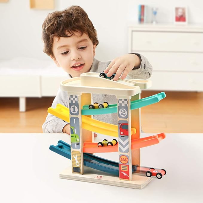 TOP Bright Toddler Wooden Race Track Car Ramp Toys for 1 2 Year Old Baby Motor Skills Race Tracks Car Ramp Vehicle Playsets with 4 Mini Cars and 1 Car Garage