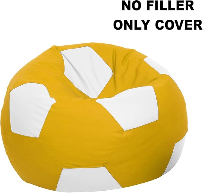 Ample Decor Soccer Bean Bag Cover (Filler Not Included), Leatherette Durable Double Stitched Material Sturdy Zippers, Ideal for Children and Teenagers - White and Yellow