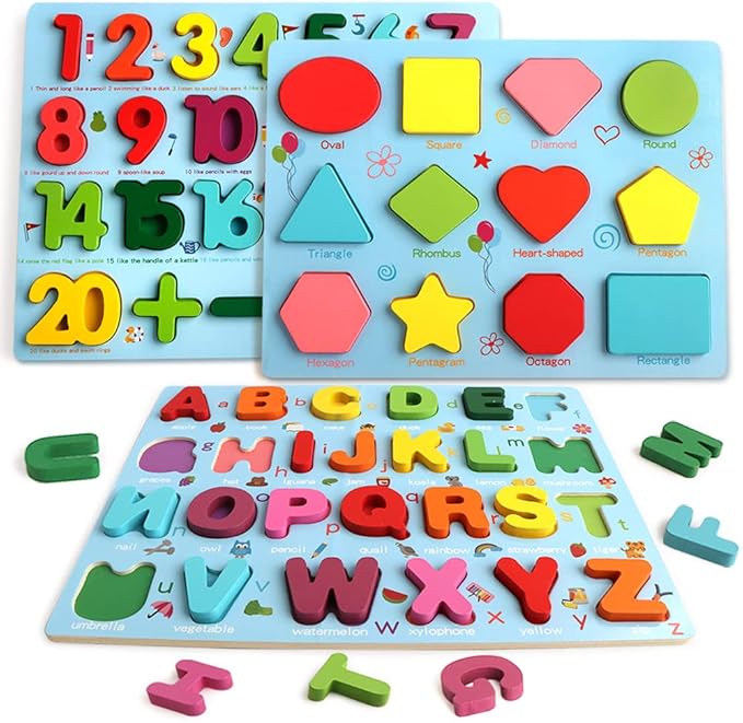 Puzzles for Toddlers, 3 Pack Wooden ABC Alphabet Number Shape Puzzles Toddler Learning Toys for Kids Boys and Girls 2-4, Preschool Educational Toys Gift for Kids Ages 1 2 3 4 5