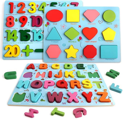 Puzzles for Toddlers, 3 Pack Wooden ABC Alphabet Number Shape Puzzles Toddler Learning Toys for Kids Boys and Girls 2-4, Preschool Educational Toys Gift for Kids Ages 1 2 3 4 5