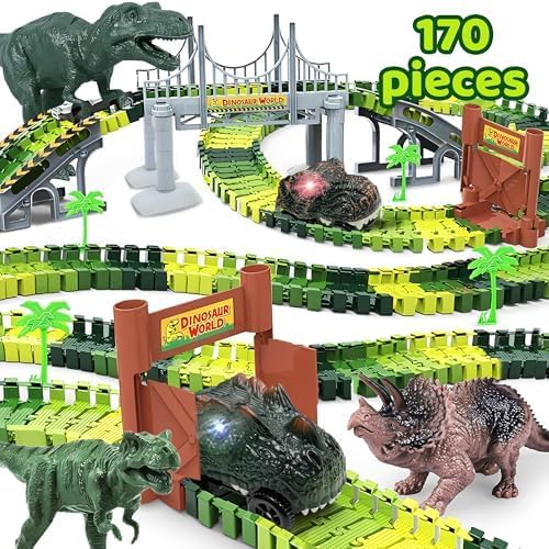 Dinosaur Race Track Toy Set -Dino Racetrack with 170 Total Pieces, Flexible Tracks, Dino Train for Kids Ages 3-7, Boys & Girls | Dinosaur Race Track, Dinosaur Track Toy Set Toddler Race Track