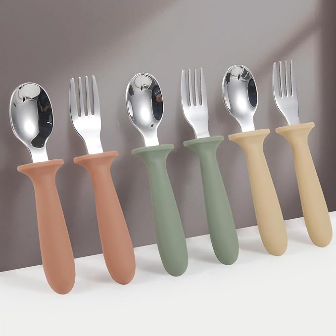 6 Pack Toddler Utensils, kids Silverware with Silicone Handle, 18/8 Stainless Steel Children Safe Spoons and Forks Set Baby Feeding Essentials, Dishwasher Safe