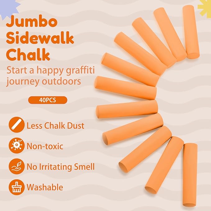 Fulmoon 40 Pcs Jumbo Sidewalk Chalk for Kids Outdoor Art Non Toxic Large Washable Street Chalk for Adults Drawing Painting Graffiti Classroom(Orange,Round Style)