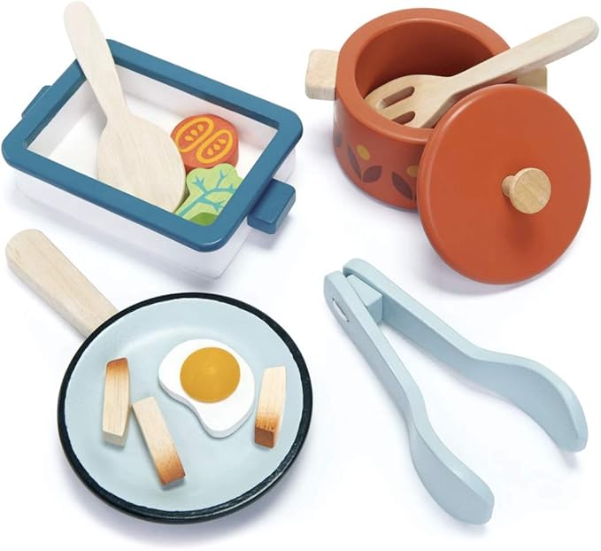 Tender Leaf Toys - Pots and Pans - 13 Pcs Wooden Pretend Cooking Playset, Play Kitchen Cookware Accessories Set for Kids - Age 3+