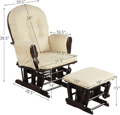 Costzon Nursery Glider with Ottoman, Upholstered Comfort Glider Rocker with Padded Cushion, Storage Pocket, Solid Wood Base, Rocking Chair Nursery for Breastfeeding, Maternity, Napping (Beige)