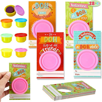 JOYIN 28 PCS Valentine Day Gift Cards with Colorful Playing Dough for Kids Party Favors, Valentine's Classroom Exchange Prize