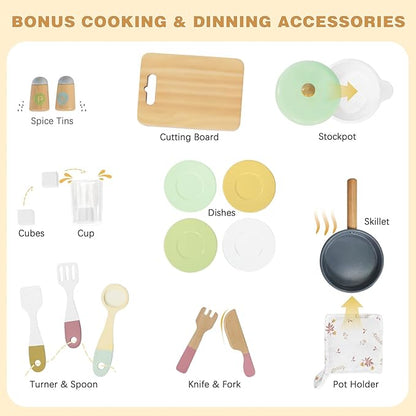 Labebe Wooden Kids Play Kitchen, Toy Kitchen Set with Plenty of Play Features & Cookware, Toddler Kitchen Playset Designed in Trendy Home Style for Boys Girls