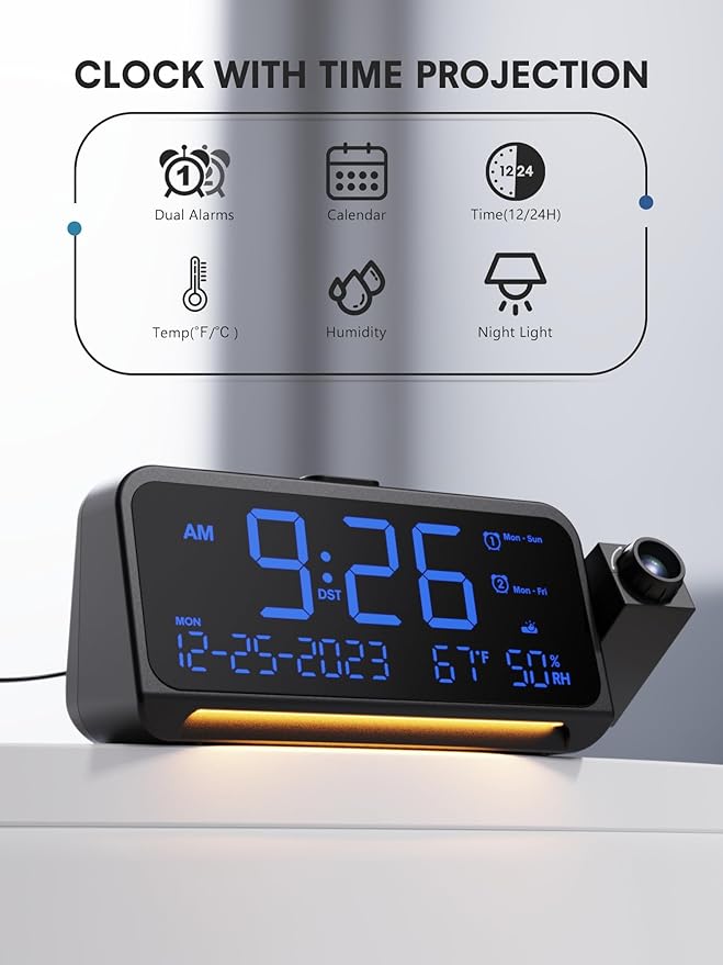 Projection Alarm Clock for Bedroom Ceiling, Digital Clock Projector with Weekday/Weekend Mode, Date, Temperature, Humidity, Type-C USB Charger, Snooze, Dual Alarms, Dimmer,12/24H