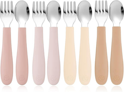 CoixFoam 8 Pieces Toddler Utensils, Toddler Safe Silverware Set With Food Grade Silicone Hanlde, 18/8 Stainless Steel, Perfect Length For New Self Feeders, Dishwasher Safe