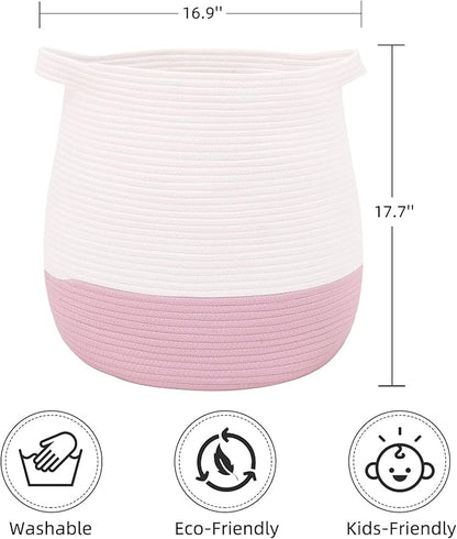 Large Cotton Rope Basket, Woven Storage Basket for Toy, Laundry and Blanket Organizer, Round Hamper Basket with Handles for Kid's Room 17.7"x16.9"