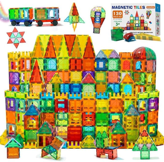 EchoPlan Magnetic Tiles, 130PCS Magnetic Blocks with 2 Cars, Magnet Tiles 3D Clear Building Blocks Set, STEM Sensory Educational Toys Gift for Toddlers Kids Boys 3 4 5 6 7 8 9+ Year Old