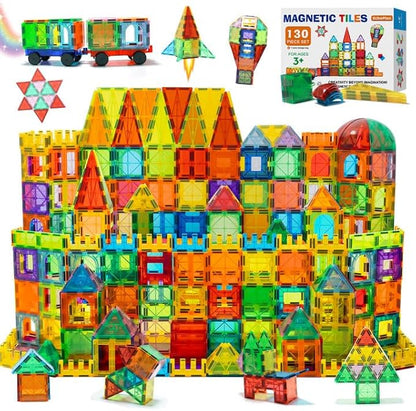 EchoPlan Magnetic Tiles, 130PCS Magnetic Blocks with 2 Cars, Magnet Tiles 3D Clear Building Blocks Set, STEM Sensory Educational Toys Gift for Toddlers Kids Boys 3 4 5 6 7 8 9+ Year Old