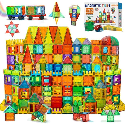 EchoPlan Magnetic Tiles, 130PCS Magnetic Blocks with 2 Cars, Magnet Tiles 3D Clear Building Blocks Set, STEM Sensory Educational Toys Gift for Toddlers Kids Boys 3 4 5 6 7 8 9+ Year Old