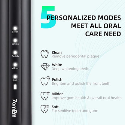 7AM2M Sonic Electric Toothbrush for Adults and Kids, with 8 Brush Heads and Travel Case,5 Modes with 2 Minutes Build in Smart Timer, One Charge Use for 90 Days,Rechargeable Toothbrushes (Black)