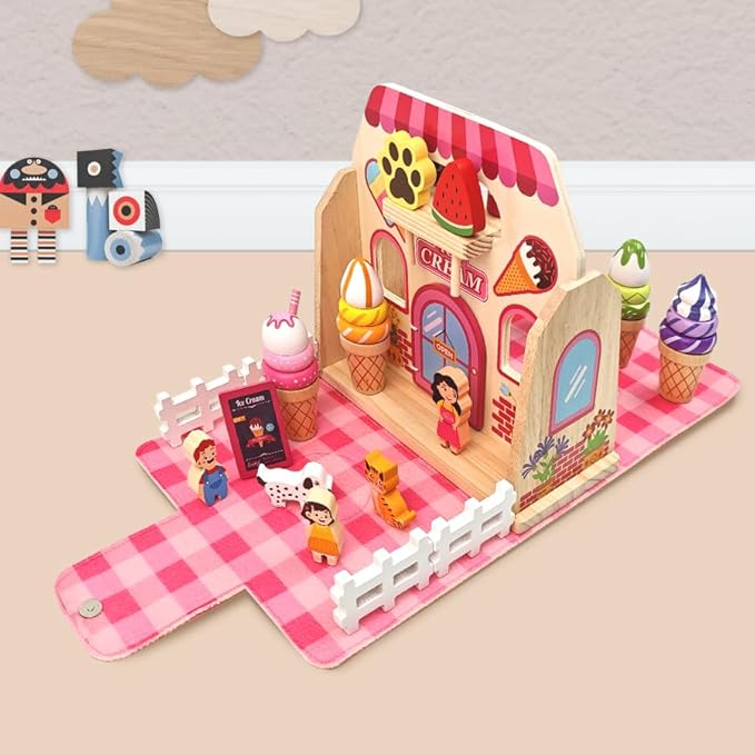 Migargle Wooden Ice Cream Shop Playset - Pretend Play Food & Kitchen Accessories for Kids Ages 3+, Portable Handbag Included, Ideal Christmas & Birthday Gifts for Girls and Boys