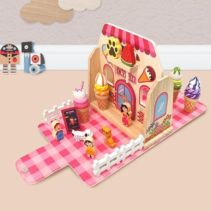Migargle Wooden Ice Cream Shop Playset - Pretend Play Food & Kitchen Accessories for Kids Ages 3+, Portable Handbag Included, Ideal Christmas & Birthday Gifts for Girls and Boys
