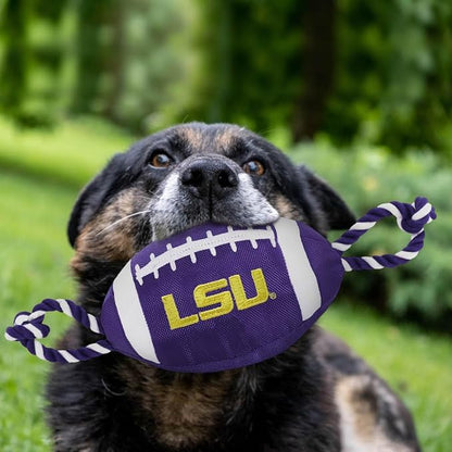 Pets First NCAA LSU Tigers Football Dog Toy, Tough Quality Nylon Materials, Strong Pull Ropes, Inner Squeaker, Collegiate Team Color, 1 Count (Pack of 1)
