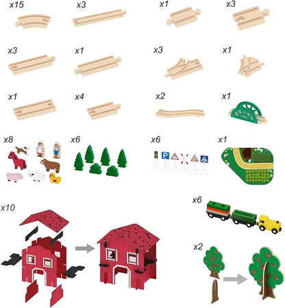 FUN LITTLE TOYS 77PCS Wooden Train Set Toy Train for Boys & Girls with Wood Train Track Fits Major Brand, Wooden Farm Play Set for Kids Wooden Toys