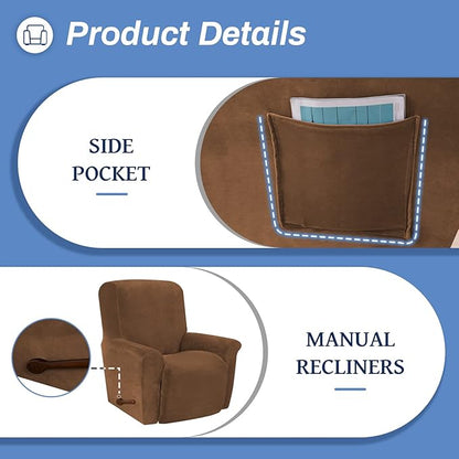 WEERRW Velvet Recliner Chair Cover 1 Piece High Stretch Recliner Couch Cover, Washable Furniture Protector with Non Slip Elastic Bottom for Kids and Pets, Camel