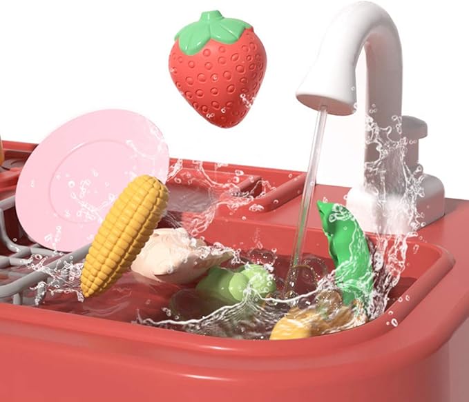 deAO My Happy Little Chef Kitchen 80 Pieces Pretend Play Set with Multi-Functional Button Panel, Light, Sound, Real Steam Functions and Colour Changing Accessories Included(Pink)