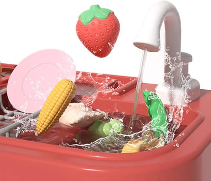 deAO My Happy Little Chef Kitchen 80 Pieces Pretend Play Set with Multi-Functional Button Panel, Light, Sound, Real Steam Functions and Colour Changing Accessories Included(Pink)