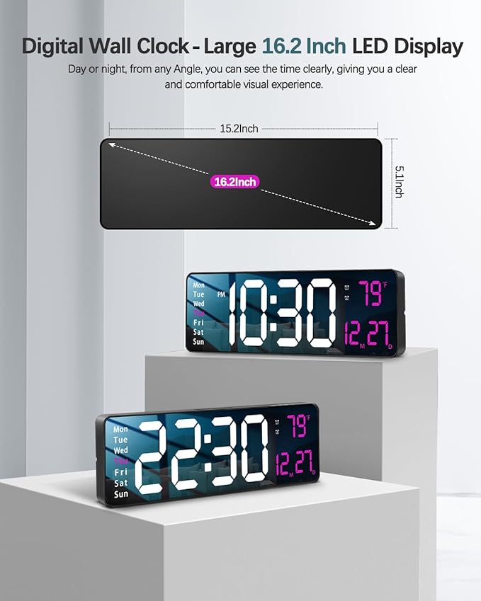 Modern 16" Large Digital Wall Clock with Remote Control, LED Display, Auto-Dimming, Countdown, Temperature, Calendar - 12/24Hr Format - Silent Wall Clock for Home, Office, or Gym Use (Pink)