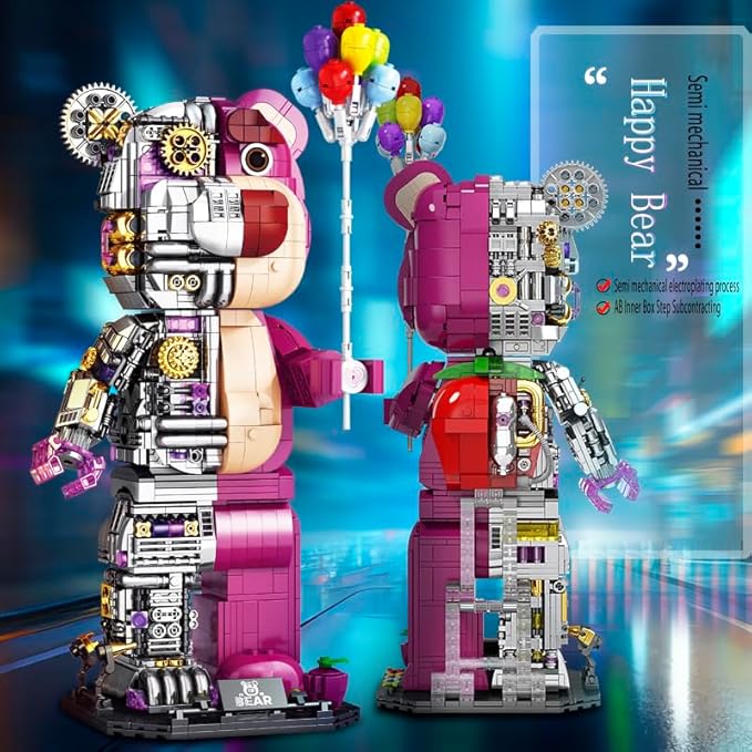 Pink Small Particles(1729 Pieces)Semi-Mechanical Building Block Teddy Bear Compatible with Lego Suitable for Ages 15+ Comes with a Transparent Display Box and a Multi-Functional Building Block Hammer