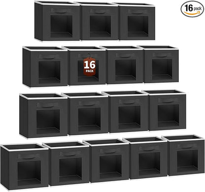 Homsorout Foldable Storage Cubes - Square Organizer with Window, Decorative Baskets for Organizing, Fabric shelf Basket for Clothes, 11 Inch Closet Storage Cubes, Set of 16, Black