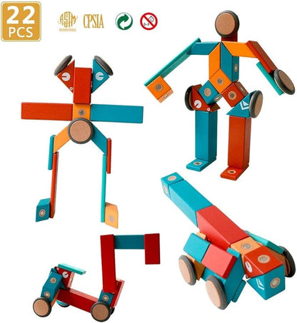 MAGBLOCK Magnetic Wooden Blocks Set, 22 Pieces STEM Travel Creativity Magnet Block Toys for 3 4 5 Year Old Age Girls Boys