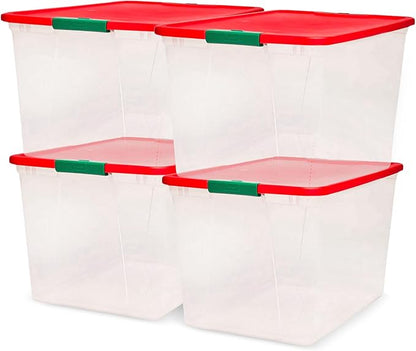 HOMZ 4-Pack Secure Latch, Clear Plastic Storage Organizer Bins, 64 Quart, Red Lid - Stackable Container Boxes for Bedroom, Bathroom, Garage, and Office Organization