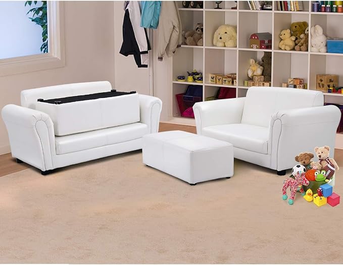 Costzon Kids Couch with Footstool, 2 in 1 Double Seat Children's Sofa w/PU Leather Surface, Armrest Chair Lounge, Soft Kids Sofa for Preschool Bedroom Kids Room Toddlers Boys Girls Birthday (White)