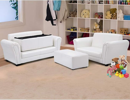 Costzon Kids Couch with Footstool, 2 in 1 Double Seat Children's Sofa w/PU Leather Surface, Armrest Chair Lounge, Soft Kids Sofa for Preschool Bedroom Kids Room Toddlers Boys Girls Birthday (White)