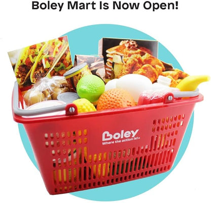 Boley Shopping Basket Toy - Pretend Grocery Shopping Play Set with 24 Realistic Play Food Items - Fruits, Vegetables, Drinks, Meats - Educational and Durable - for Kids and Toddlers Ages 3 and Up