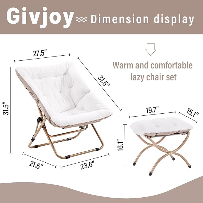 Comfy Saucer Chair with Ottoman, Oversized Folding Faux Fur Chair Soft Furry Lounge Lazy Chair with Metal Frame Moon Chair Accent Chair for Bedroom, Living Room, Dorm Rooms