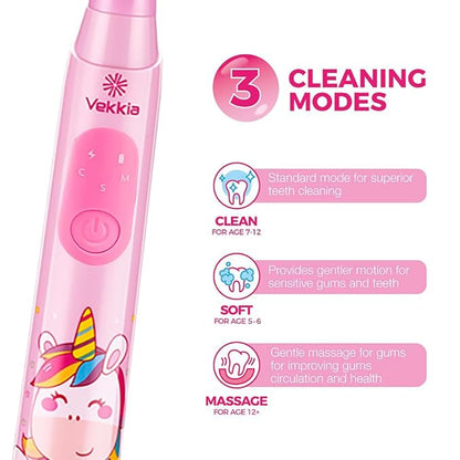 Vekkia Sonic Rechargeable Kids Electric Toothbrush, 3 Modes with Memory, Fun & Easy Cleaning, 24000 Strokes, IPX7 Waterproof, 2-Min Timer for Age 5+, 4 Soft Bristles(Pink)