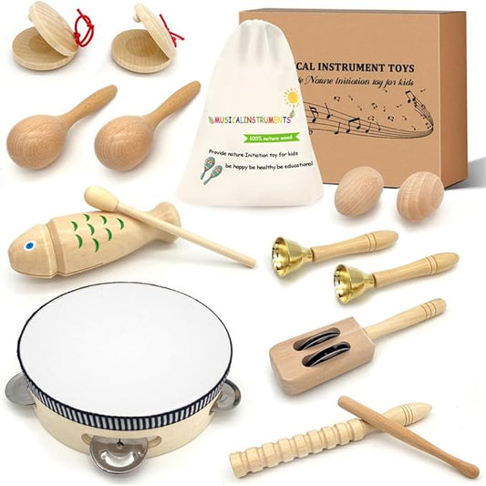 Toddler Musical Instruments - Natural Wooden Musical Toys Montessori Toys Percussion Instruments Set Preschool Educational Xylophone Kids Drum Set with Storage Bag for Boys and Girls
