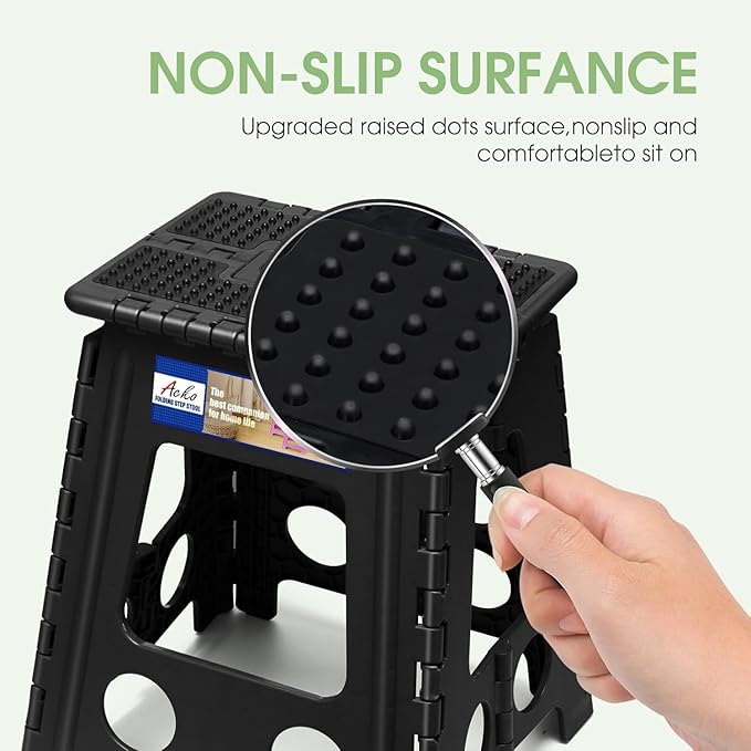 ACKO Folding Step Stool Foldable 16 Inch Stools for Adults and Kids,Plastic Stools Tall 400 lbs Capacity,Collapsible Stool for Kitchen, Stepping Foot Stool with Handle,Dot Black 6Pack