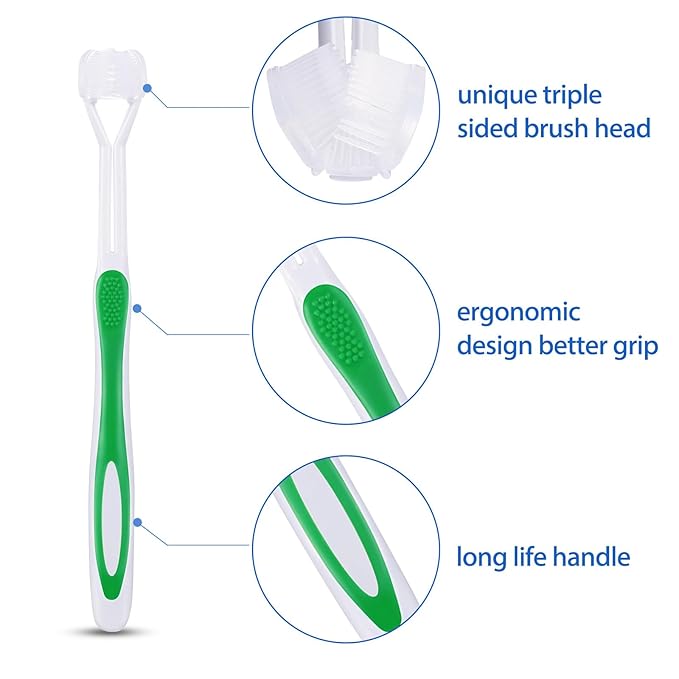 Boao 4 Pieces Three Sided Toothbrush Autism Sensory Toothbrush Bristle Travel Brush for Kids Complete Teeth Gum Care Good Angle Clean Tooth, Soft and Gentle(Green)