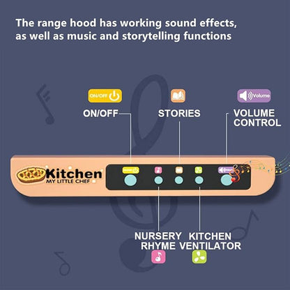 deAO My Happy Little Chef Kitchen 80 Pieces Pretend Play Set with Multi-Functional Button Panel, Light, Sound, Real Steam Functions and Colour Changing Accessories Included(Blue)