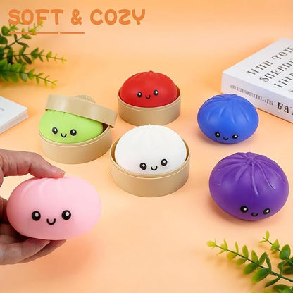 6PCS Dumpling Squishies, Dumpling Squishy with Smile, Stress Relief Anxiety Squeeze Toys with Food Steamer, for Birthday Gifts, Party Favors, Classroom Prizes, Easter Basket Stuffers