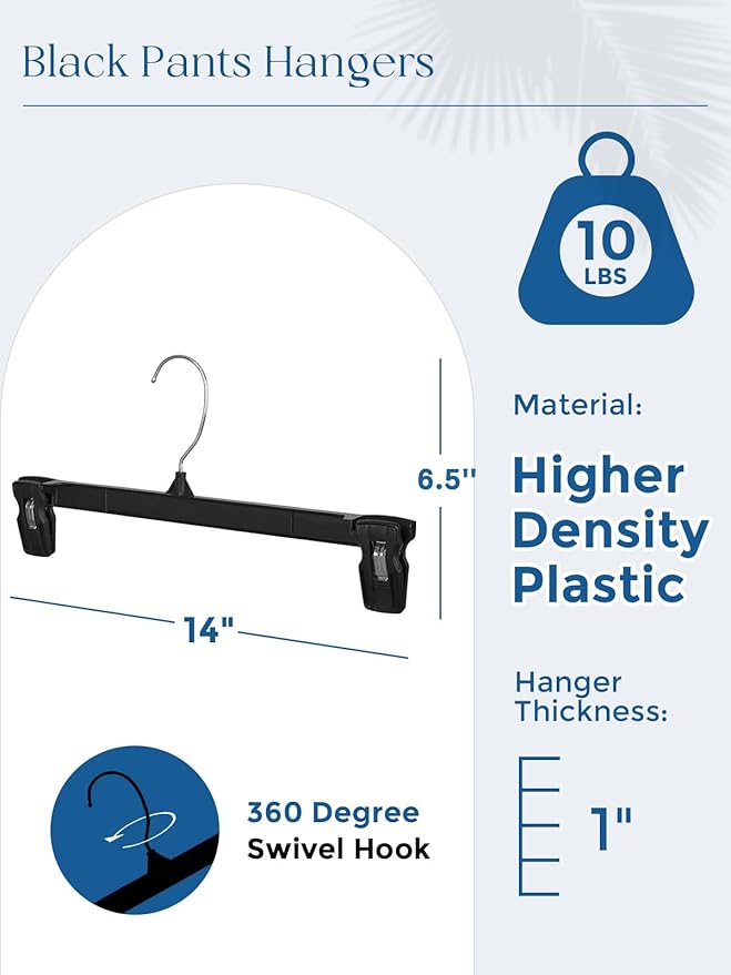 Smartor Space Saving Heavy Duty Hangers - 180 Pack, Slim Plastic Pants and Shorts Hangers, Ridged Non-Slip with Pinch Clips, 360-Rotating Chrome Swivel Hook, Black, 10 Inches