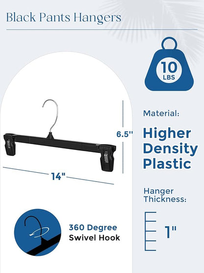 Smartor Space Saving Heavy Duty Hangers - 180 Pack, Slim Plastic Pants and Shorts Hangers, Ridged Non-Slip with Pinch Clips, 360-Rotating Chrome Swivel Hook, Black, 10 Inches