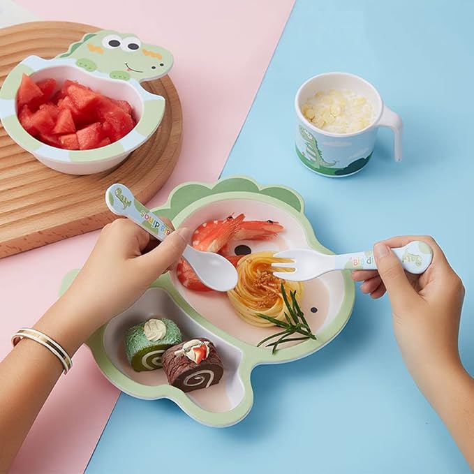 Bamboo Kids Dinnerware Set 5 Pcs Includes Plate Bowl Cup Fork Spoon Perfect for Kids BPA-Free (Little Dinosaur)