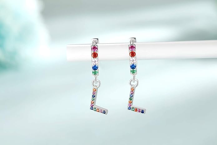 Presentski Initial Earrings 925 Sterling Silver Colorful Huggie Small Hoop Earrings Rainbow CZ Drop Dangle Simple Alphabet Earrings S925 Hypoallergenic Earring Letter A-Z for Daughter Women